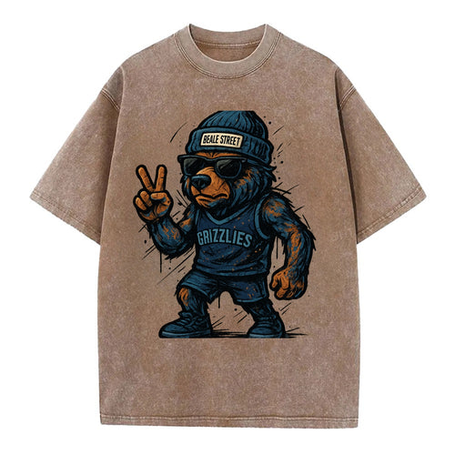 Memphis Grizzly Bear wearing Grizzlies navy and light blue beanie with Beale - Vintage T-shirt