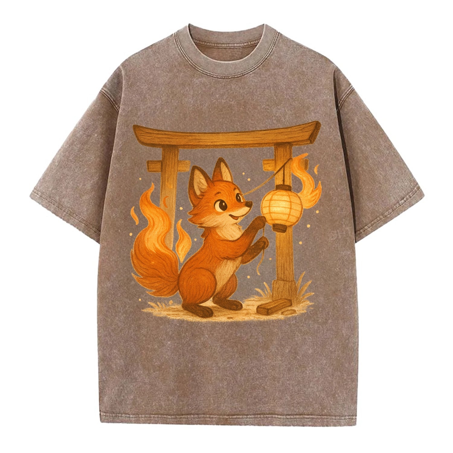 Foxfire kitsune stringing lanterns along a torii gate with tails of living flame - Vintage T-shirt - Brown