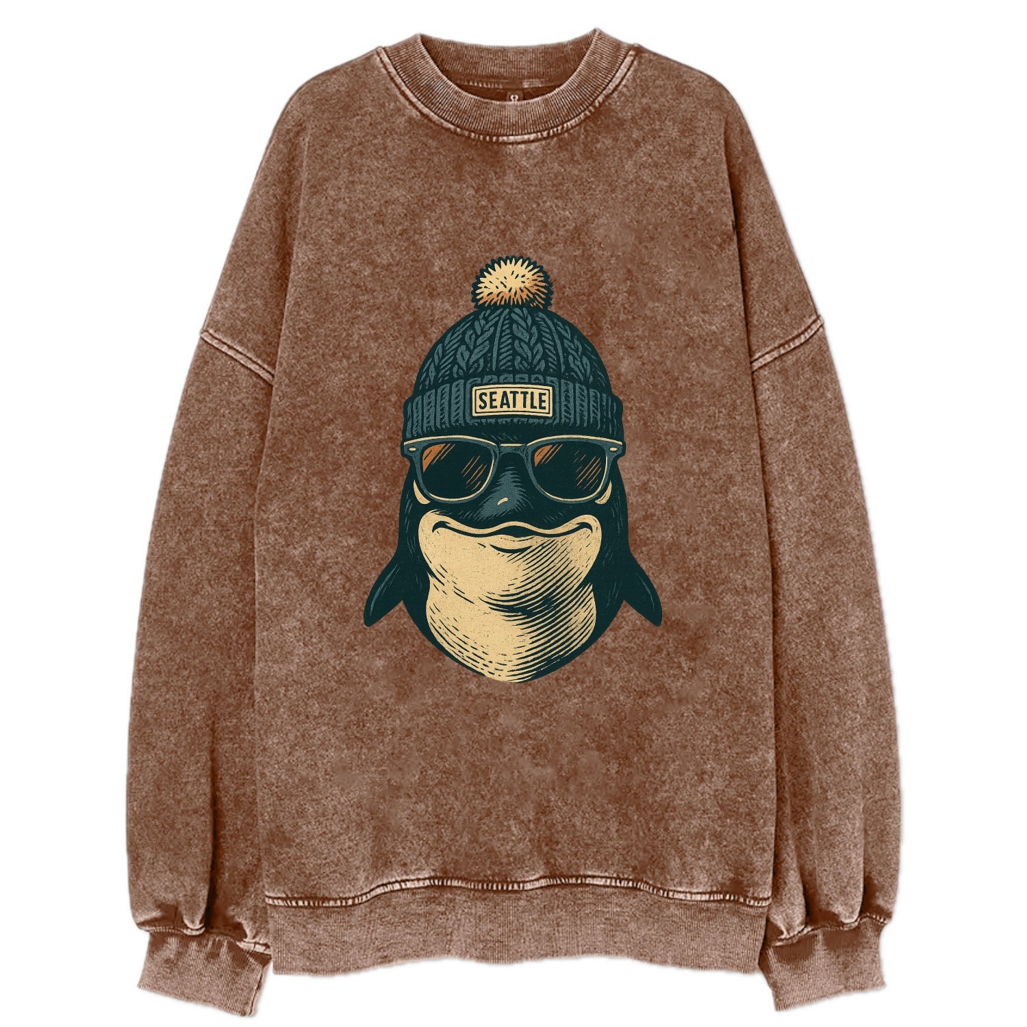 Washington Orca wearing Seattle beanie with pom pom and wayfarer sunglasses - Vintage Sweatshirt - Brown