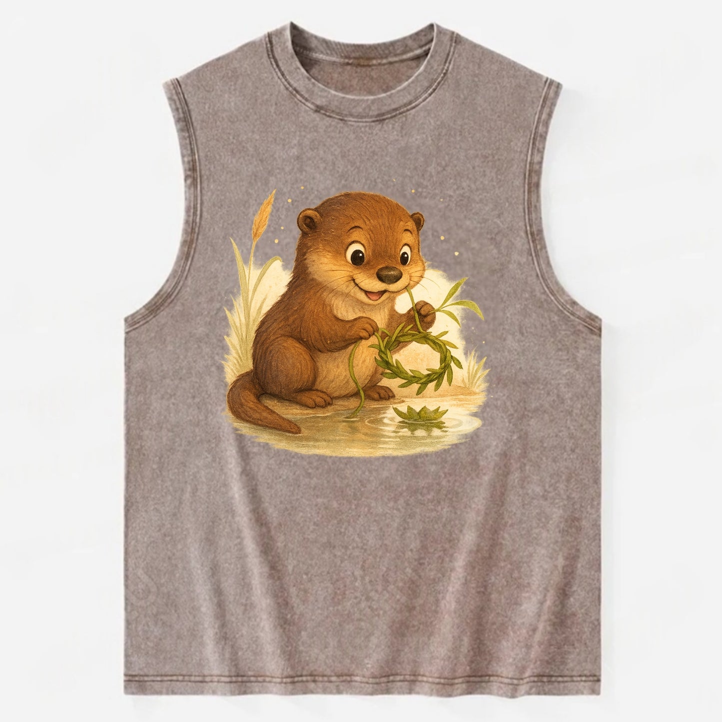 Otter weaving river reeds into a floating crown beside mirror-still water - Vintage Washed Tank - Brown