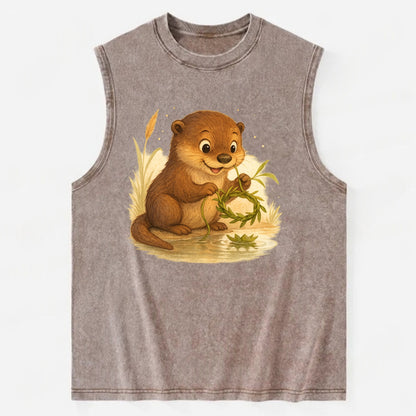 Otter weaving river reeds into a floating crown beside mirror-still water - Vintage Washed Tank - Brown