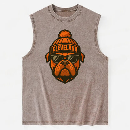 Cleveland Bulldog wearing Browns orange and brown beanie with pom pom and - Vintage Washed Tank - Brown