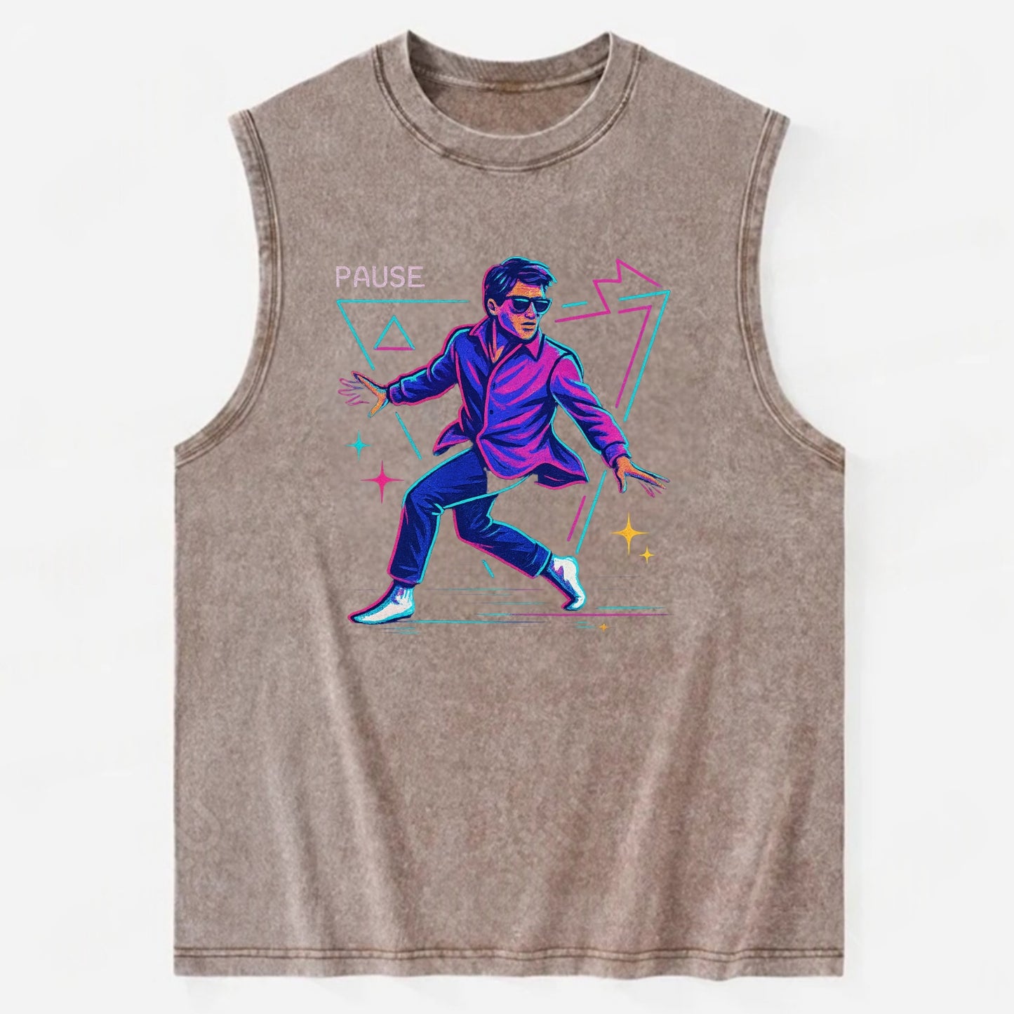 confident figure sliding across polished wooden floor in socks and sunglasses - Vintage Washed Tank - Brown