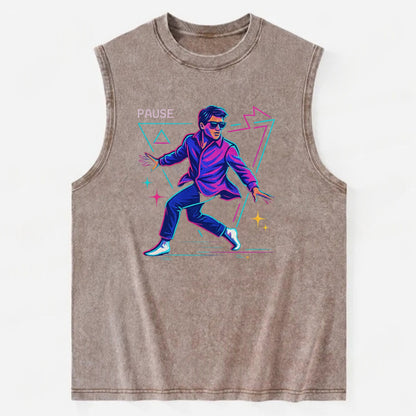 confident figure sliding across polished wooden floor in socks and sunglasses - Vintage Washed Tank - Brown