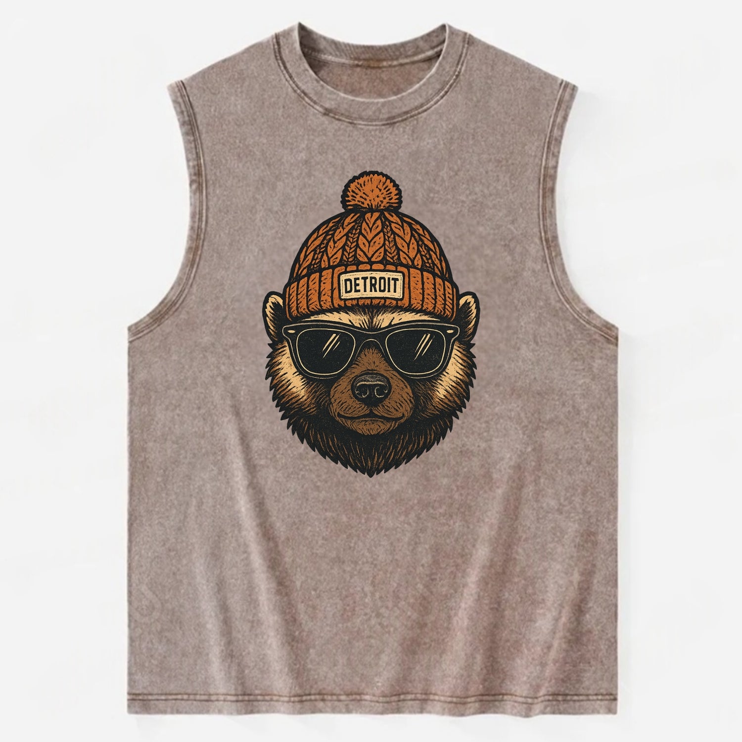 Detroit Wolverine wearing Detroit beanie with pom pom and wayfarer sunglasses - Vintage Washed Tank - Brown