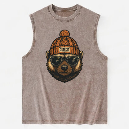 Detroit Wolverine wearing Detroit beanie with pom pom and wayfarer sunglasses - Vintage Washed Tank - Brown