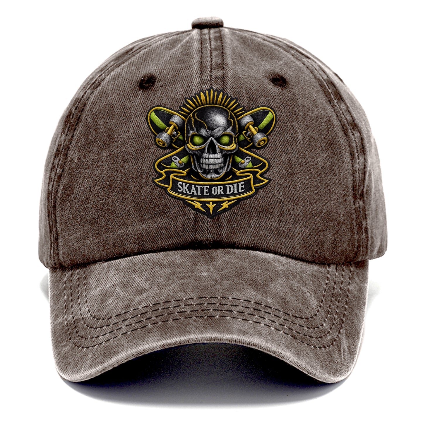 Embroidered patch design - SKATEBOARD SKULL - skull with skateboard in black and neon - Classic Cap - Brown