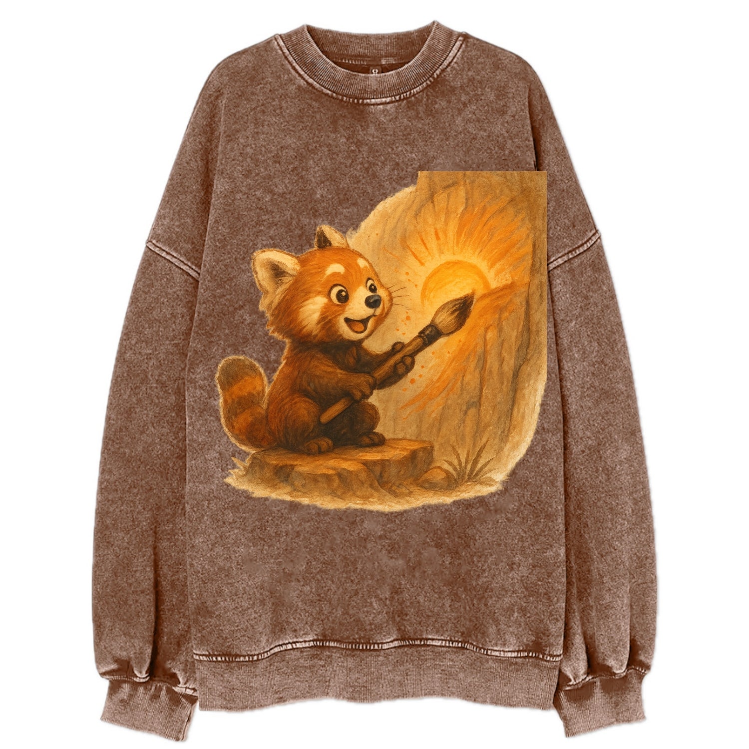 Red panda painting a sunrise mural with an oversized calligraphy brush on a - Vintage Sweatshirt - Brown