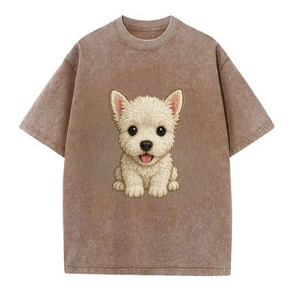 Baby West Highland White Terrier Puppy - all white, pointed ears, dark eyes, - Vintage T-shirt - Brown