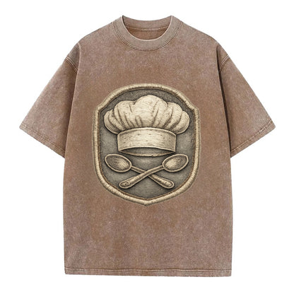 Embroidered patch design - COOKING CHEF HAT - toque blanche with crossed spoons - Vintage T-shirt - Brown