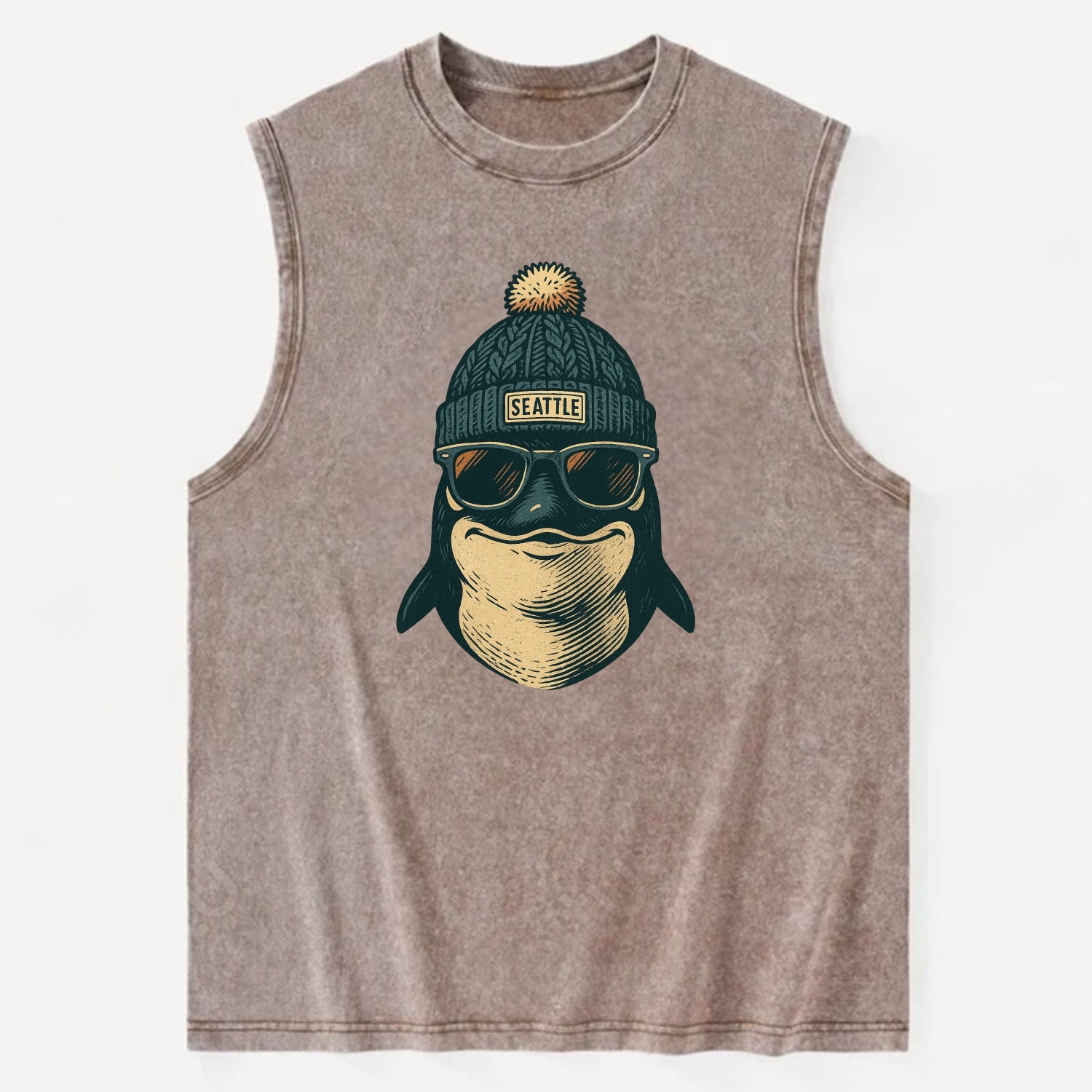 Washington Orca wearing Seattle beanie with pom pom and wayfarer sunglasses - Vintage Washed Tank - Brown