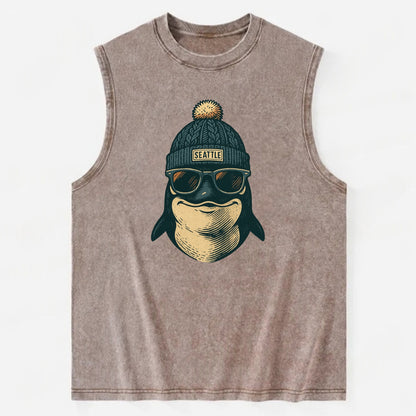 Washington Orca wearing Seattle beanie with pom pom and wayfarer sunglasses - Vintage Washed Tank - Brown