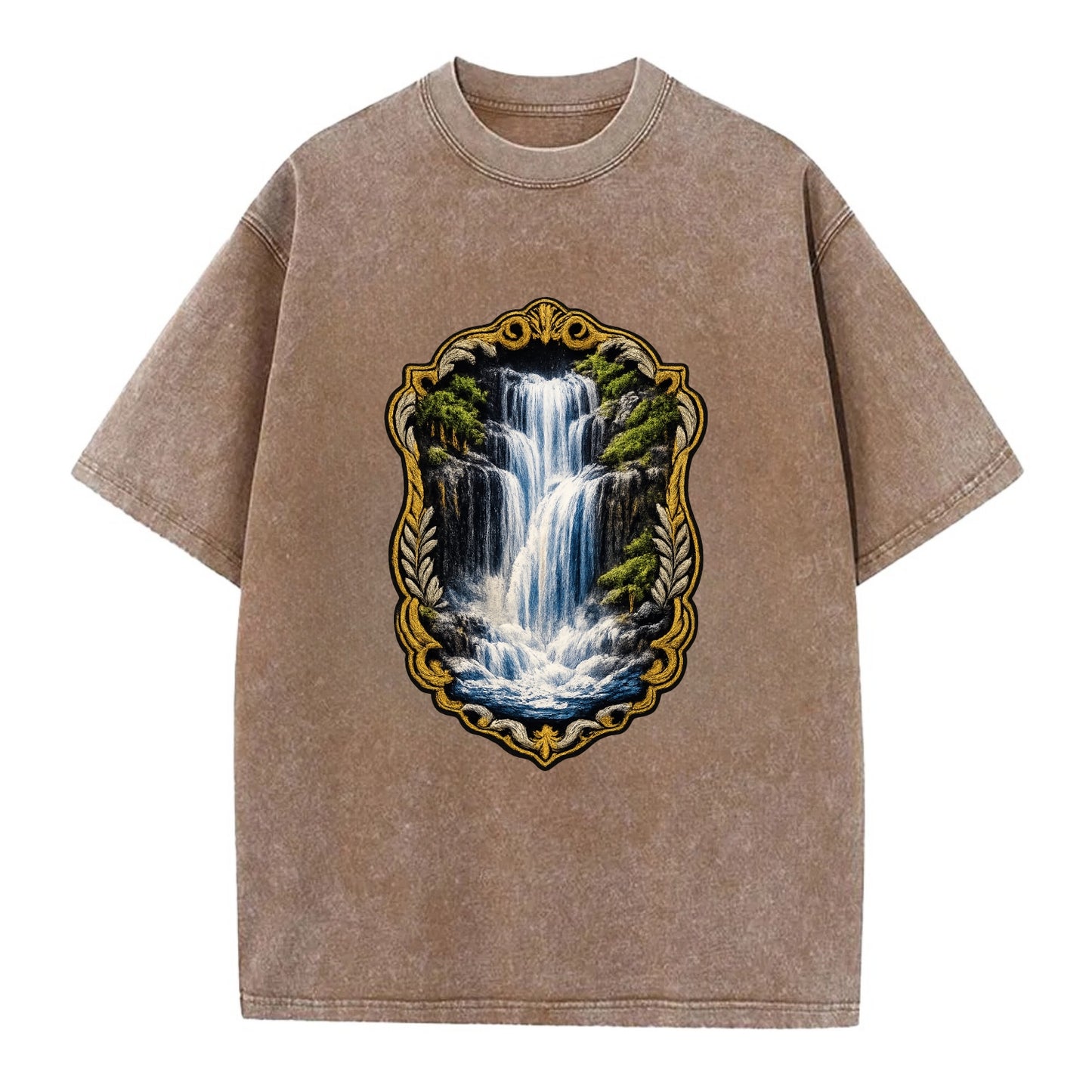 WATERFALL CASCADE - falling water with mist in blue and white , nature wonder - Vintage T-shirt - Brown