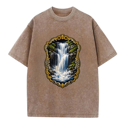WATERFALL CASCADE - falling water with mist in blue and white , nature wonder - Vintage T-shirt - Brown
