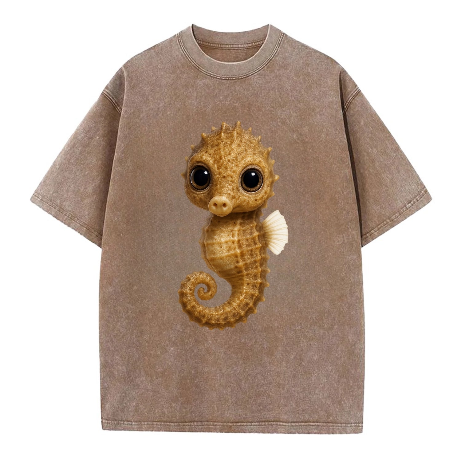 Baby Seahorse - curled tail, snout, large eyes, front-facing, delicate and cute - Vintage T-shirt - Brown