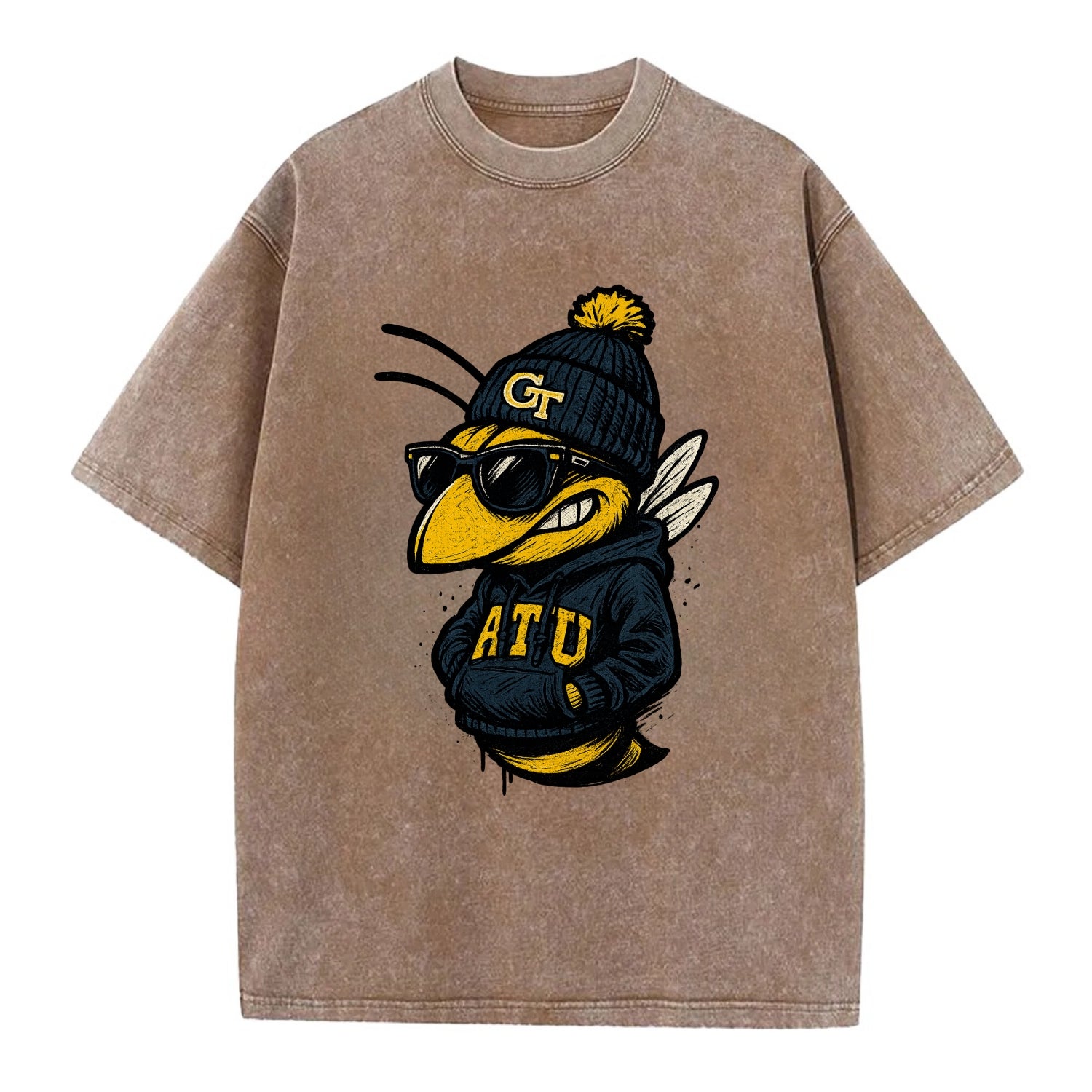 Atlanta Yellow Jacket wearing Georgia Tech beanie with GT patch - Vintage T-shirt - Brown