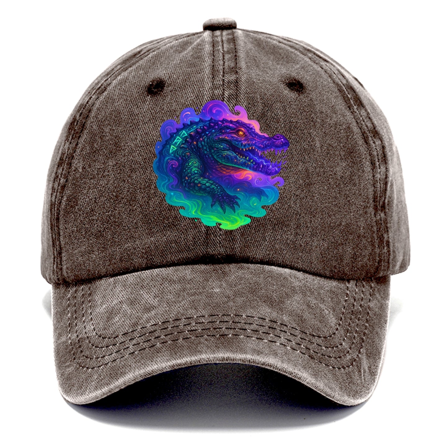Primordial crocodile with scales pulsing plasma energy in green and purple, ancient - Classic Cap - Brown