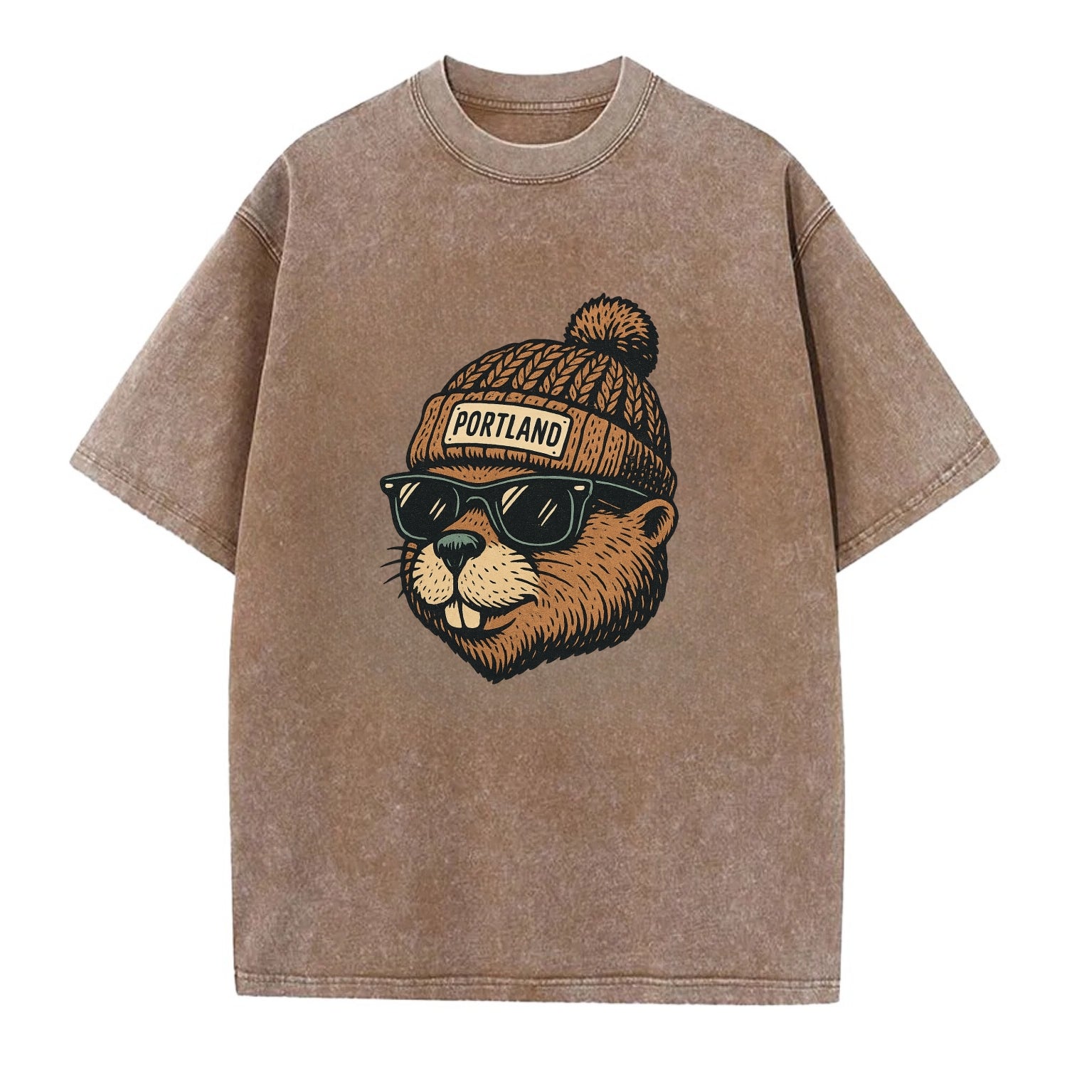 Portland Beaver wearing Portland beanie with pom pom and wayfarer sunglasses - Vintage T-shirt - Brown