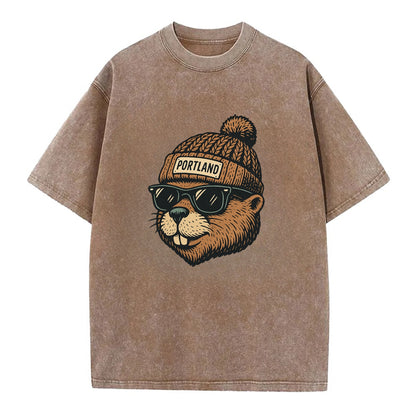 Portland Beaver wearing Portland beanie with pom pom and wayfarer sunglasses - Vintage T-shirt - Brown