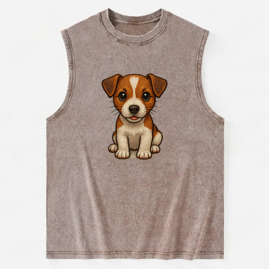 Baby Jack Russell Terrier Puppy - white with markings, alert ears, energetic - Vintage Washed Tank - Brown