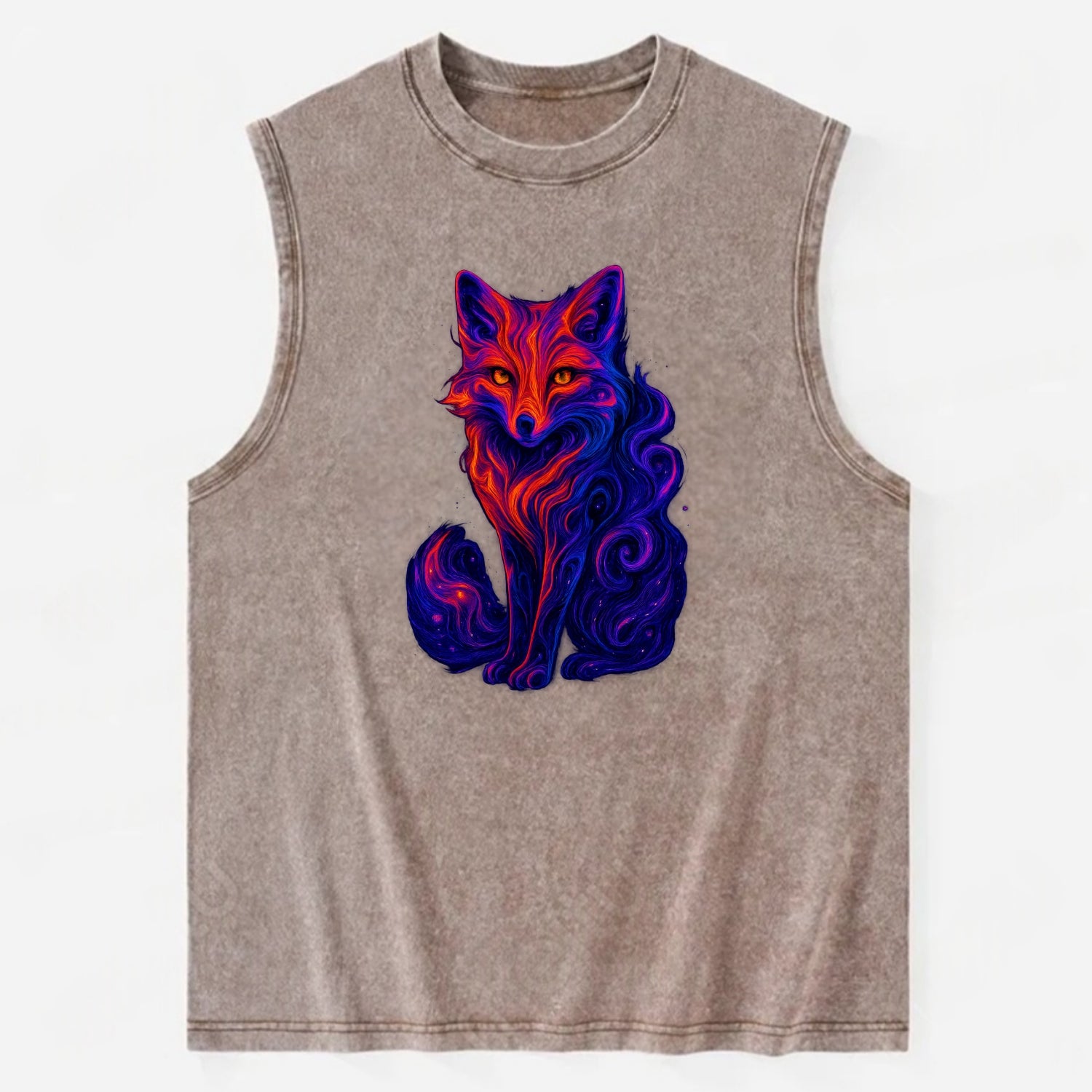 Clever fox with tail dissolving into cosmic nebula swirls, orange to purple - Vintage Washed Tank - Brown