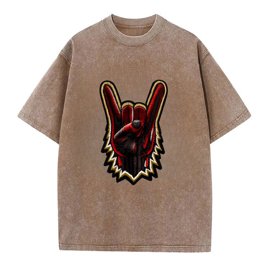 ROCK HAND HORNS - devil horns hand gesture in black and red , metal music - Vintage T-shirt - Brown