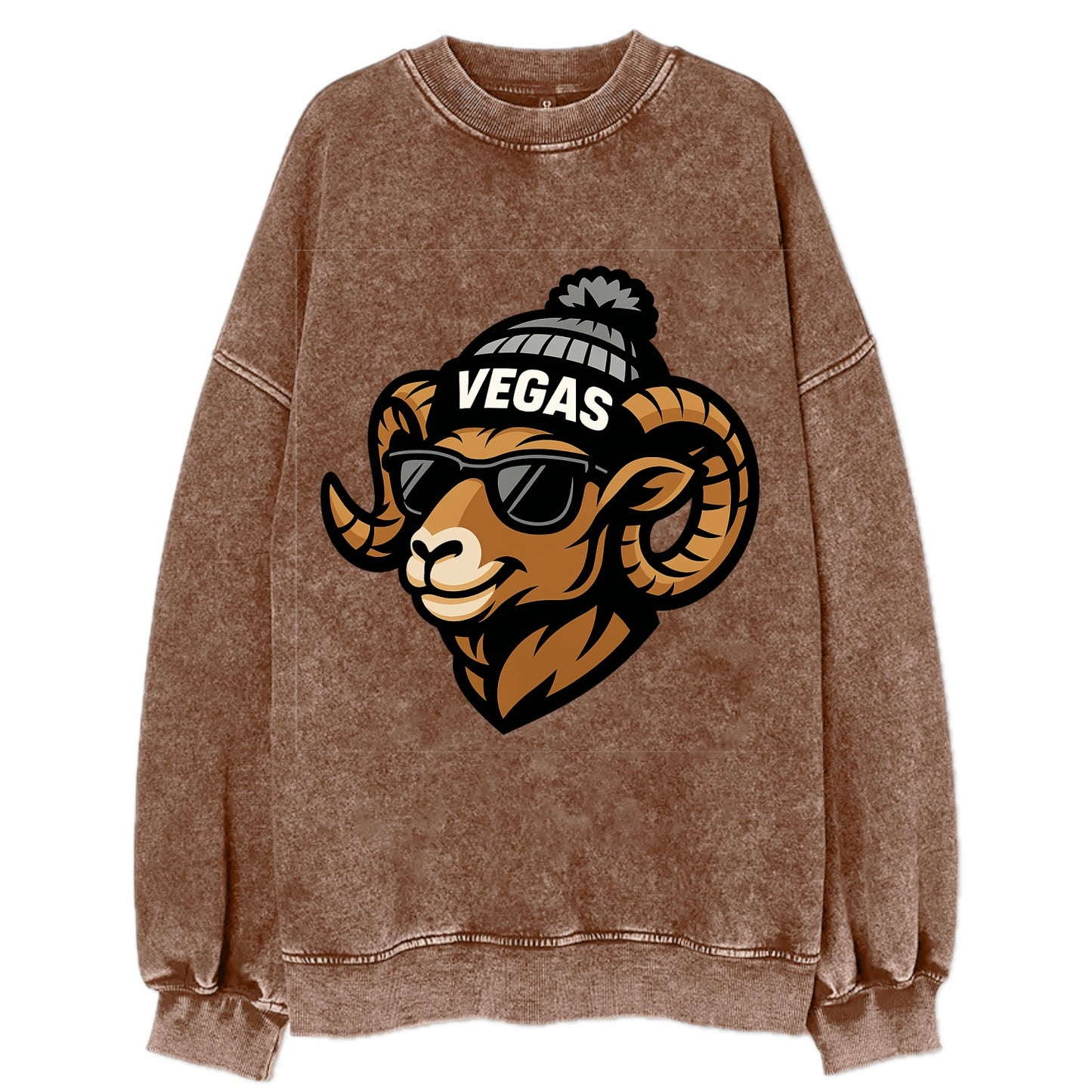 Vegas Desert Bighorn wearing Raiders silver and black beanie with pom pom and - Vintage Sweatshirt - Brown