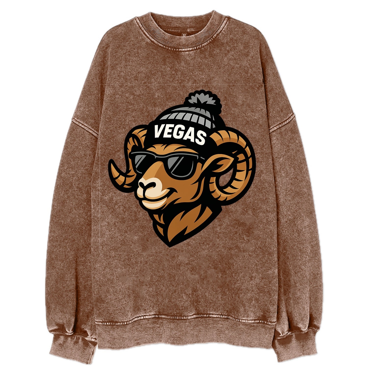 Vegas Desert Bighorn wearing Raiders silver and black beanie with pom pom and - Vintage Sweatshirt - Brown