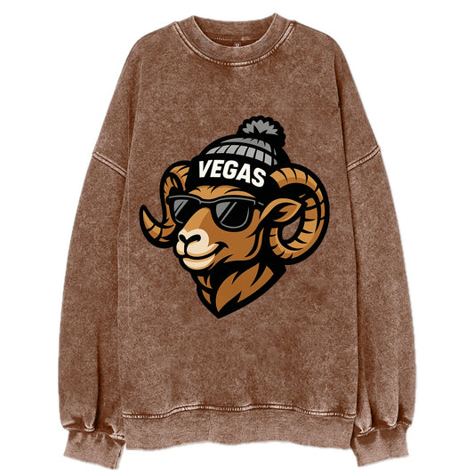 Vegas Desert Bighorn wearing Raiders silver and black beanie with pom pom and - Vintage Sweatshirt - Brown
