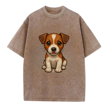 Baby Jack Russell Terrier Puppy - white with markings, alert ears, energetic - Vintage T-shirt - Brown