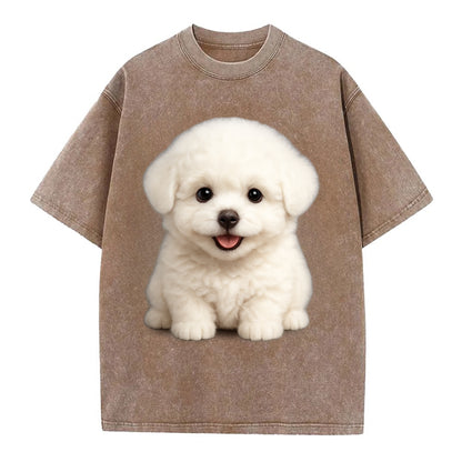 Baby Bichon Frise Puppy - white puffy cloud, dark eyes, happy expression, - Vintage T-shirt - Brown