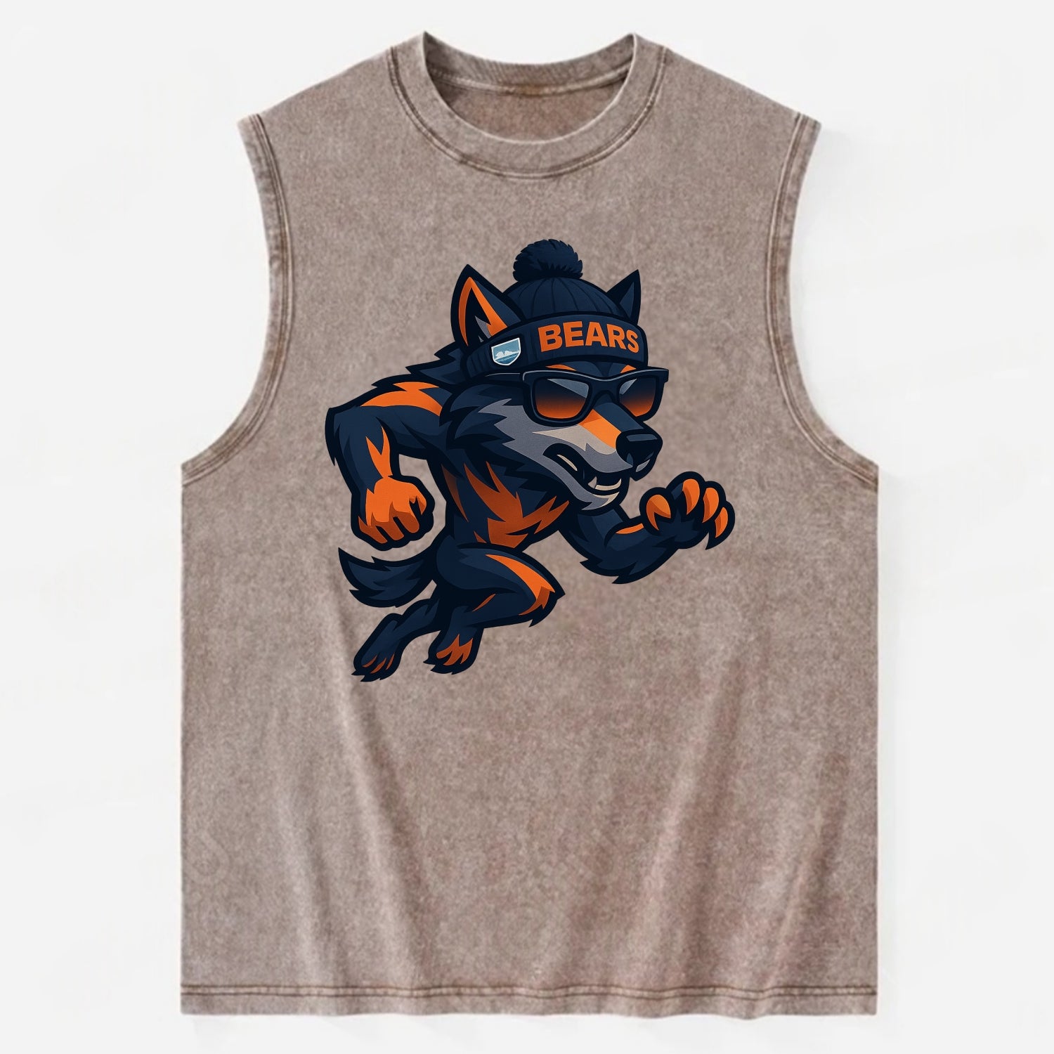 Chicago Wolf wearing Bears beanie with Lake Michigan patch and wayfarer - Vintage Washed Tank - Brown