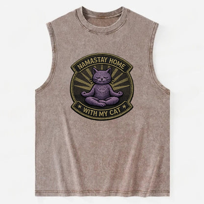 NAMASTAY HOME WITH MY CAT - yoga cat in purple , introvert cat - Vintage Washed Tank - Brown