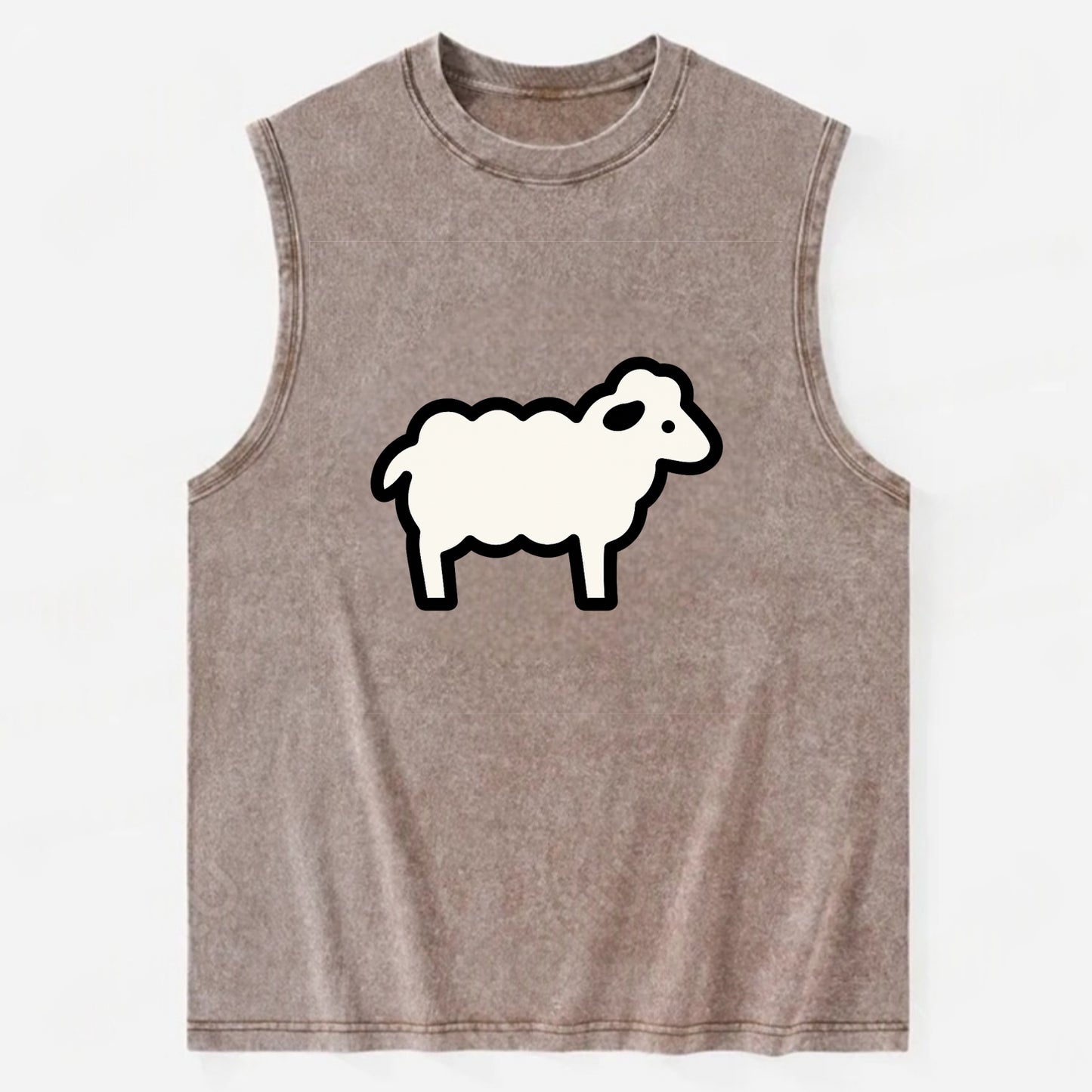 Sheep - White fluffy wool flat side profile - Vintage Washed Tank - Brown