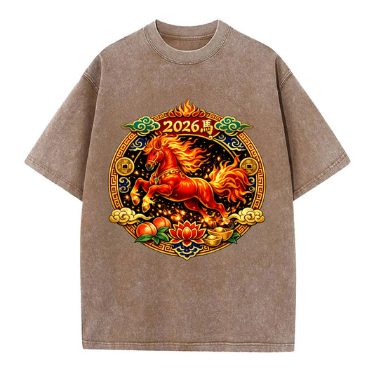 FIRE HORSE | Flaming mane and tail horse | Blazing orange and red colors | - Vintage T-shirt - Brown
