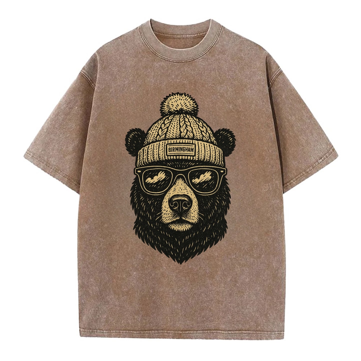 Alabama Black Bear wearing Birmingham beanie with pom pom and wayfarer sunglasses - Vintage T-shirt - Brown