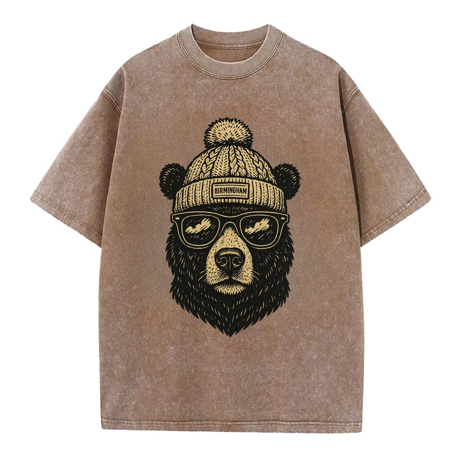 Alabama Black Bear wearing Birmingham beanie with pom pom and wayfarer sunglasses - Vintage T-shirt - Brown