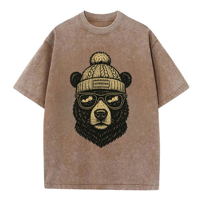 Alabama Black Bear wearing Birmingham beanie with pom pom and wayfarer sunglasses - Vintage T-shirt - Brown