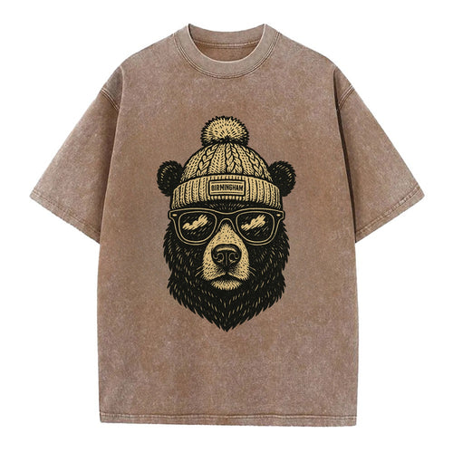 Alabama Black Bear wearing Birmingham beanie with pom pom and wayfarer sunglasses - Vintage T-shirt