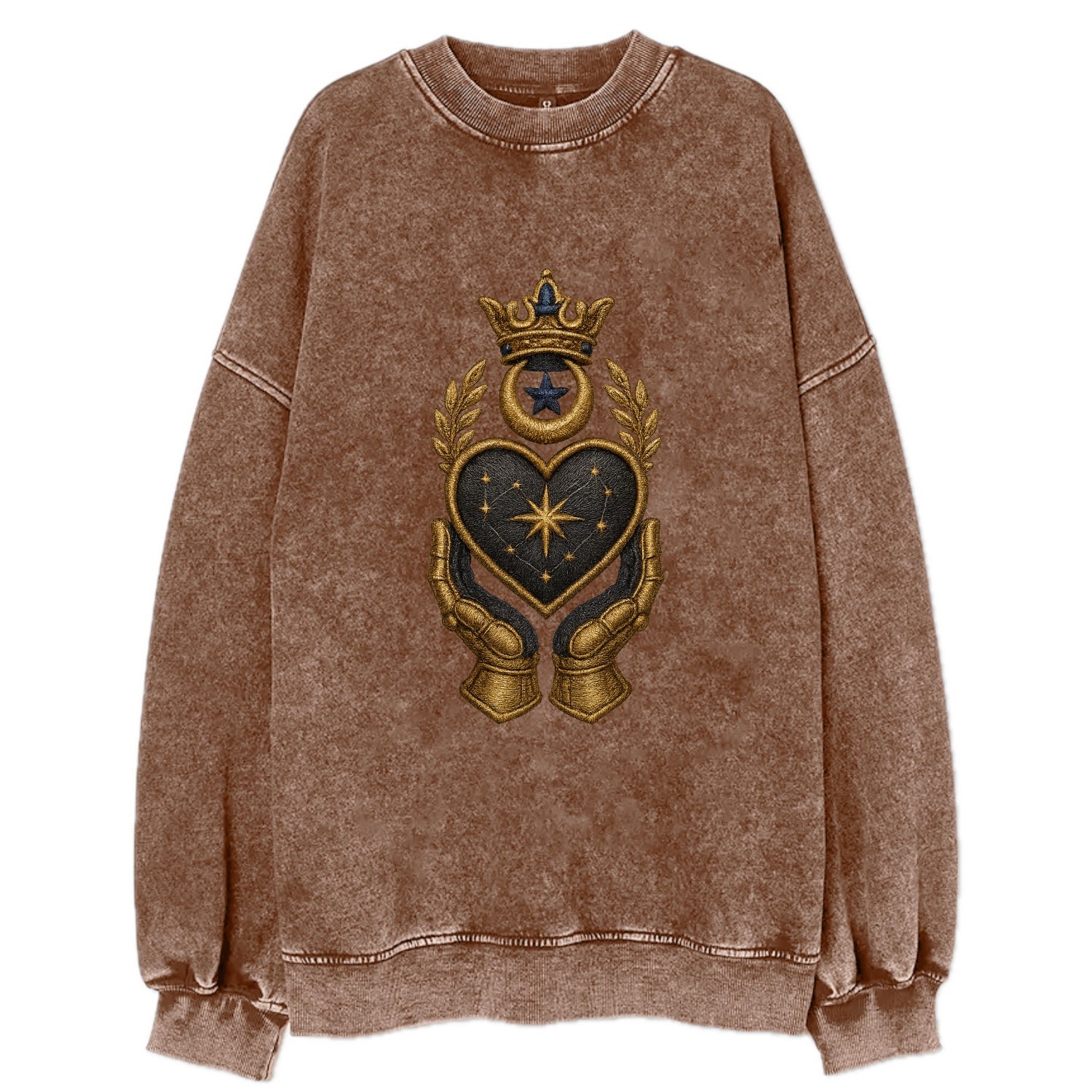 Crowned heart with Art Deco sunburst crown and geometric filigree hands - Vintage Sweatshirt - Brown