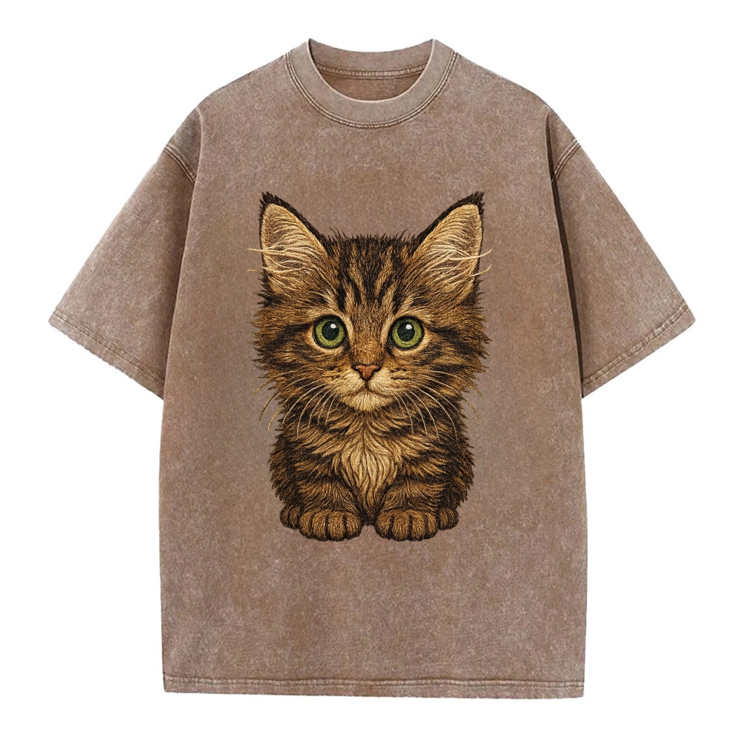 Baby Maine Coon Kitten - large fluffy tabby, tufted ears, big green eyes, - Vintage T-shirt - Brown