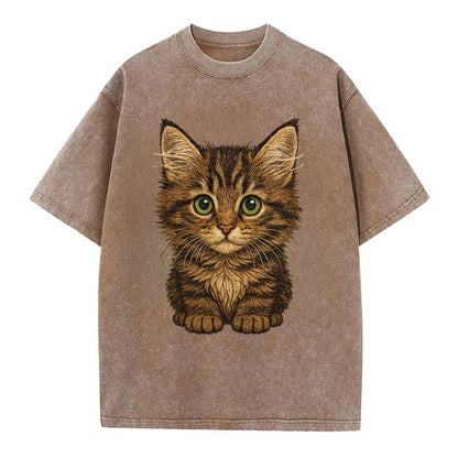 Baby Maine Coon Kitten - large fluffy tabby, tufted ears, big green eyes, - Vintage T-shirt - Brown