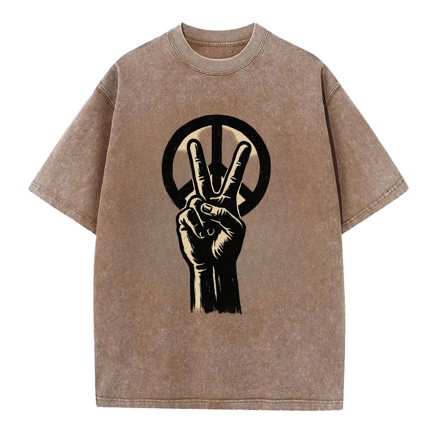 Peace sign hand gesture - anti-war movement ink brushstrokes - Vintage T-shirt - Brown