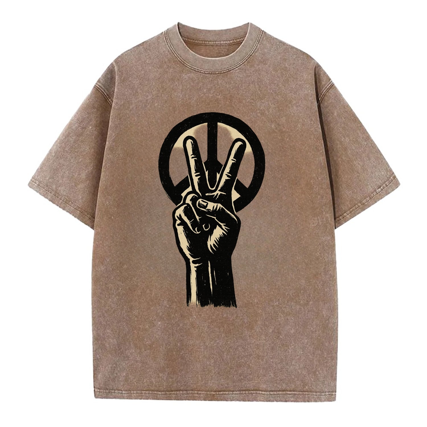 Peace sign hand gesture - anti-war movement ink brushstrokes - Vintage T-shirt - Brown