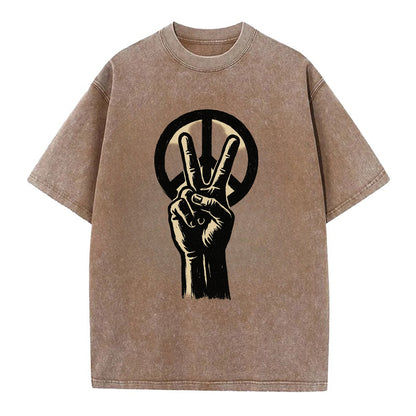 Peace sign hand gesture - anti-war movement ink brushstrokes - Vintage T-shirt - Brown