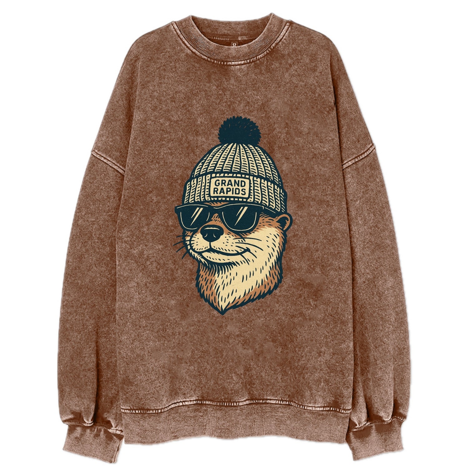Grand Rapids River Otter wearing Grand Rapids beanie with pom pom and wayfarer - Vintage Sweatshirt - Brown
