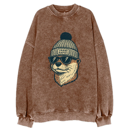 Grand Rapids River Otter wearing Grand Rapids beanie with pom pom and wayfarer - Vintage Sweatshirt - Brown
