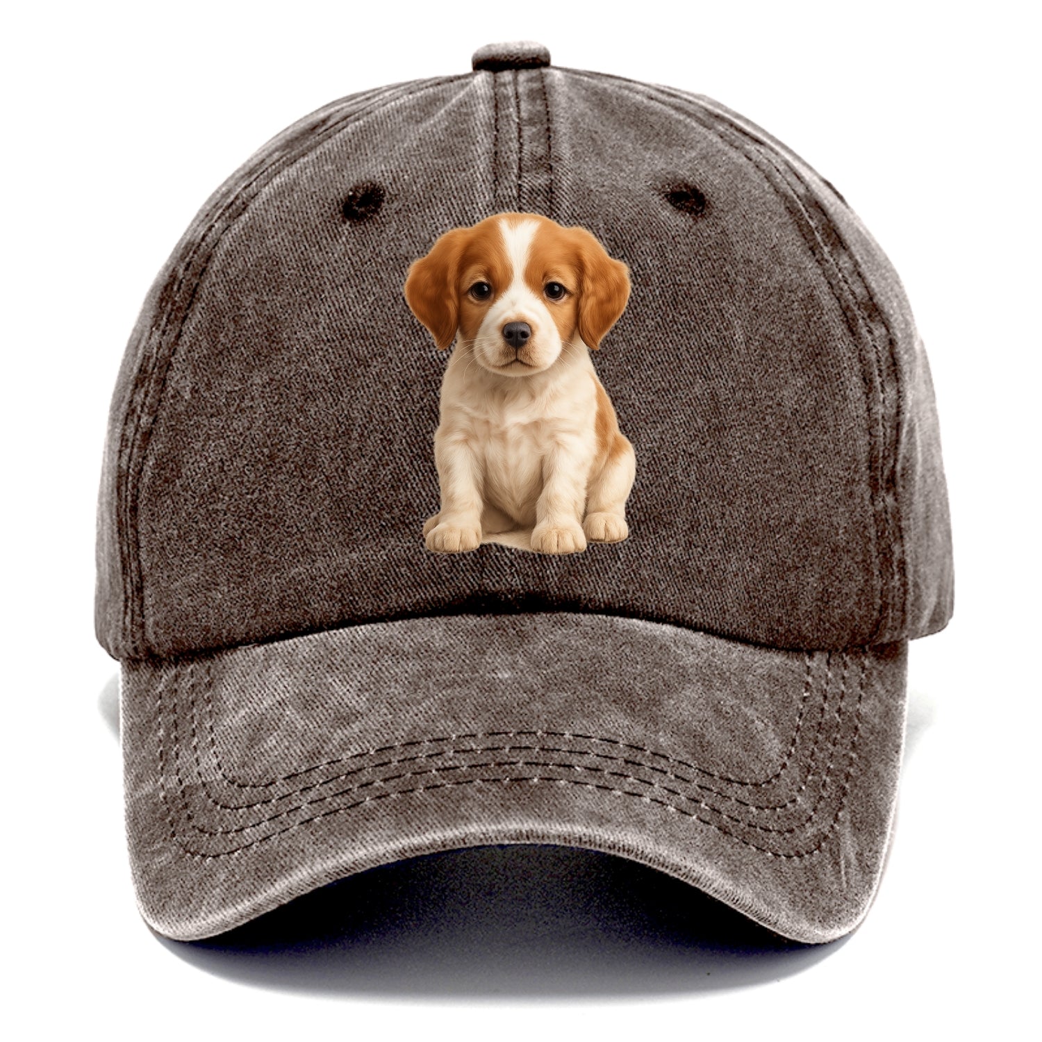 Baby Brittany Puppy - orange and white, compact, bright eyes, feathered, - Classic Cap - Brown