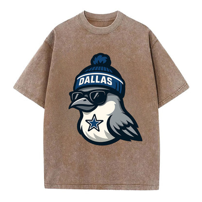 Dallas Mockingbird wearing Cowboys beanie with sheriff star and wayfarer - Vintage T-shirt - Brown