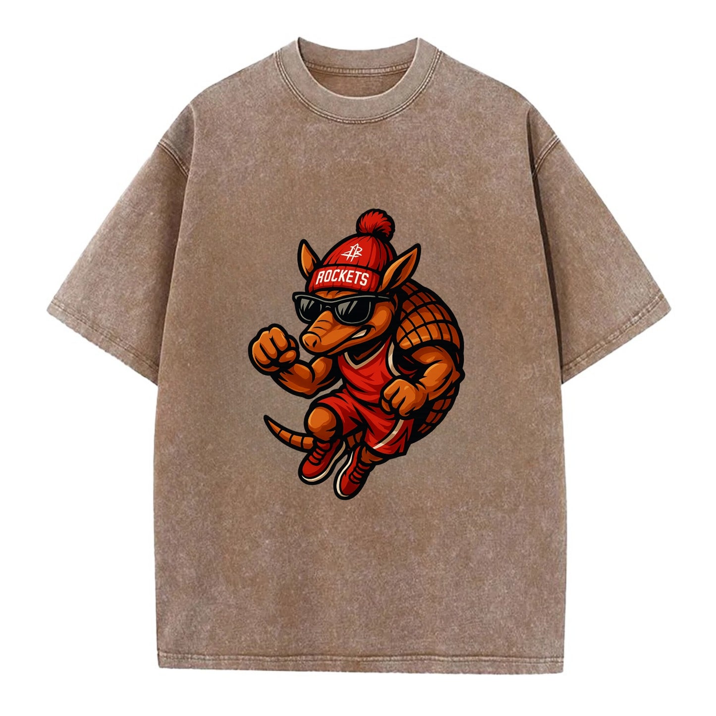 Houston Armadillo wearing Rockets red and silver beanie with rocket ship and - Vintage T-shirt - Brown